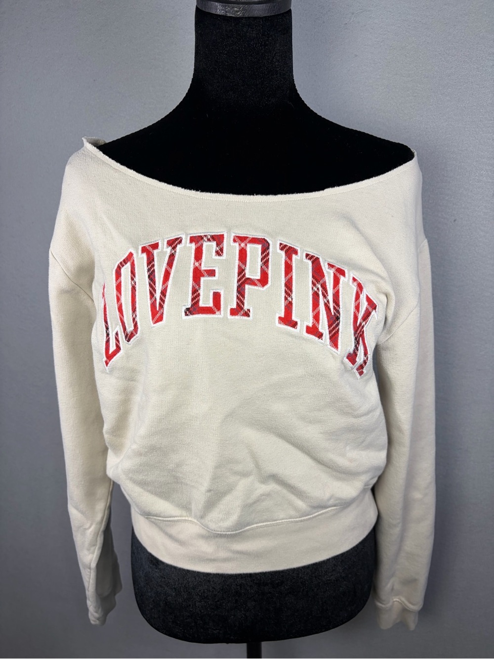 PINK Victoria's Secret Off-Shoulder Cream Sweatshirt with Red 'LOVEPINK' Logo